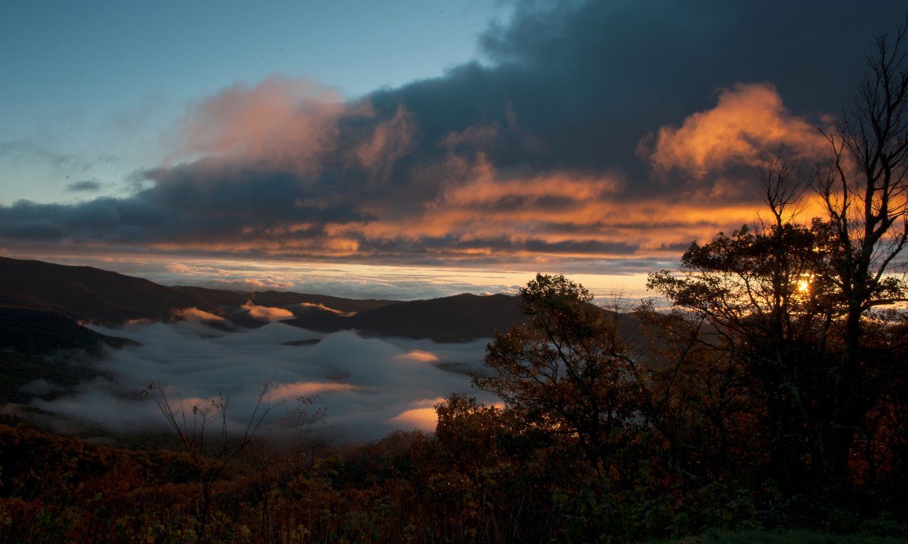 Mist and first light over the Blue Ridge valleys