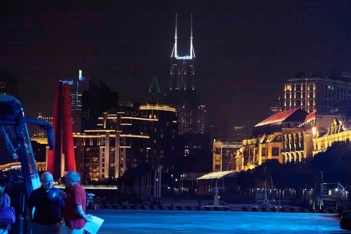 The Shanghai skyline lit up at night
